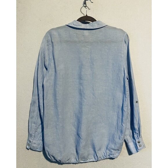 Joie Top Womens Medium Blue Linen Popover Elastic Waist Roll Tab Sleeve Beachy - Picture 4 of 7